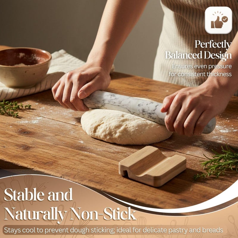 Flexzion French Rolling Pin, 12 Inch White Marble Rolling Pins for Baking with Wooden Base Holder Stand - Non-Stick Baking Roller for Baking Fondant, Crust, Pastry, Cookies, Pizza, Pasta - Image 2